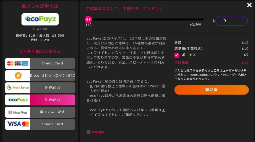 インターカジノエコペイズ入金