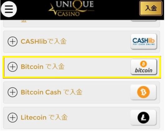 ユニークカジノビットコイン入金