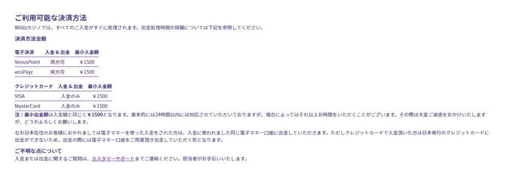 ワイルズカジノ決済方法