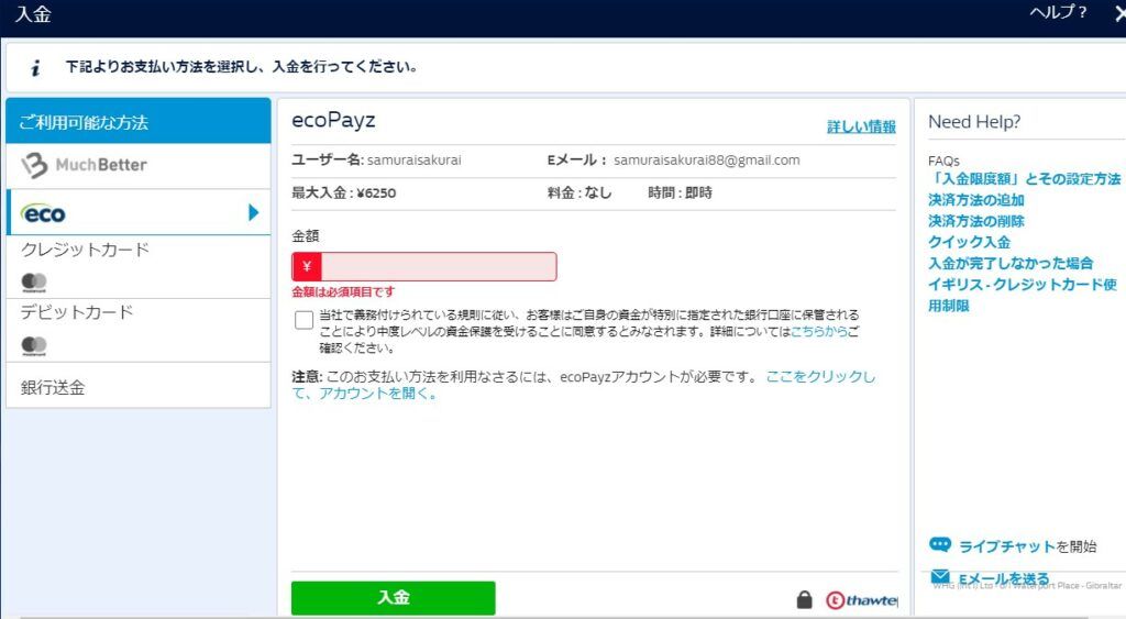 ウィリアムヒルカジノエコペイズ入金